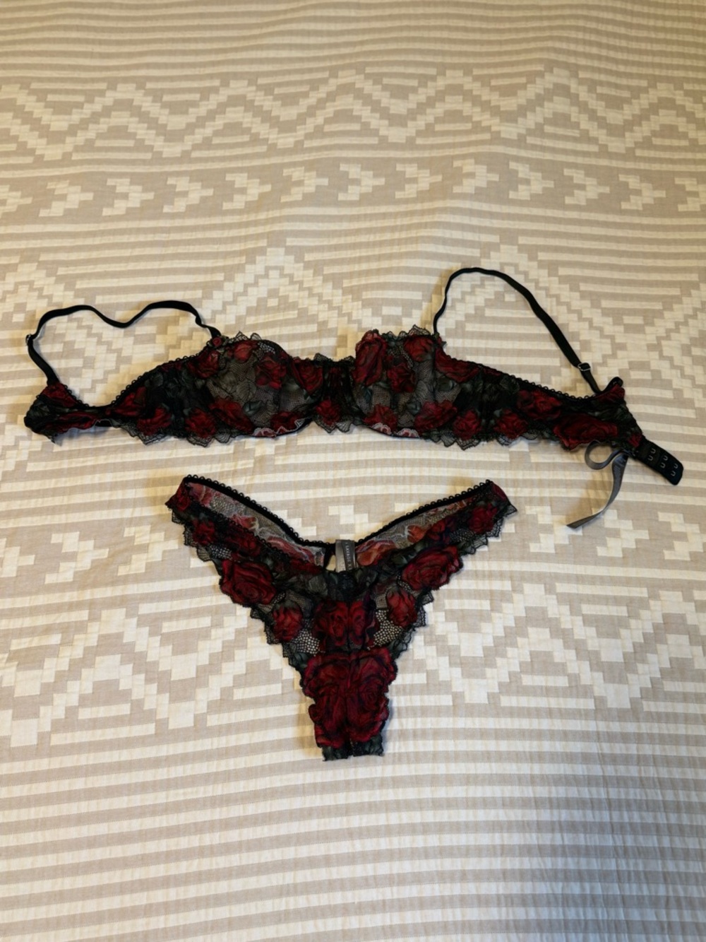 Savage X Fenty Black Sheer Lace Bra & Floral Red Embroidered Thong